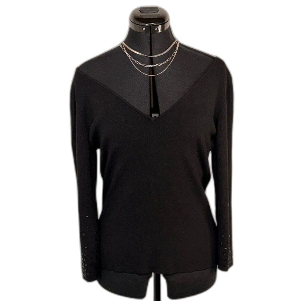 Ann Taylor LOFT Black V-Neck Sweater with Beaded Cuffs